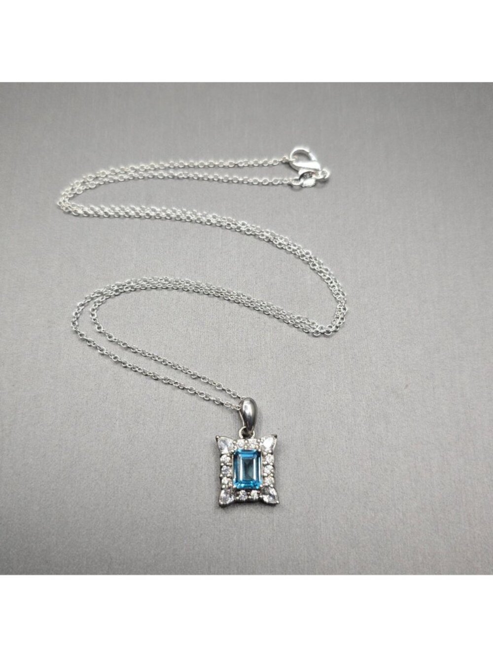 Edwardian Revival Sterling Silver Blue Topaz Pendant Necklace Emerald Cut 925 - Picture 15 of 15